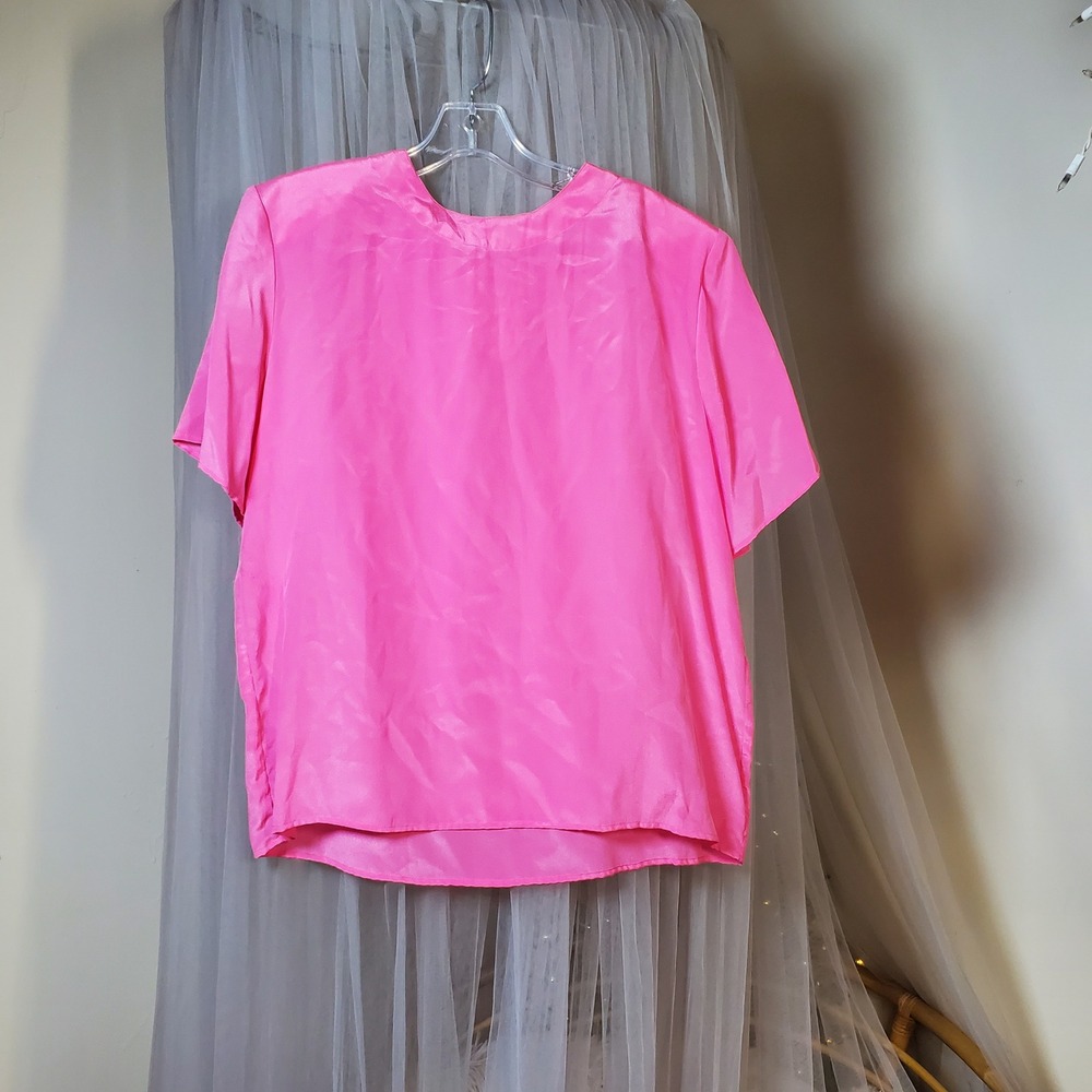 Timeless Career Barbiecore Pink Silk Top Euro Summer Vacation Party Over Size M